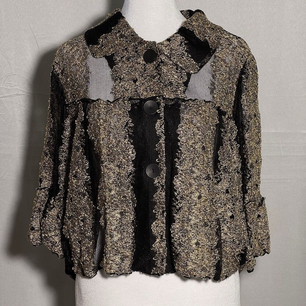 Damee Inc Womens S Black Gold Metallic Jacket Openwork Ruffle Artsy Evening